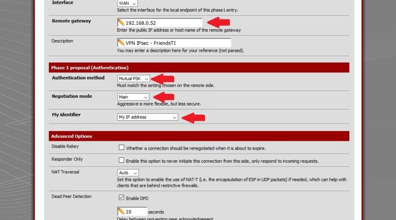 Configuração phase 1 VPN IPsec