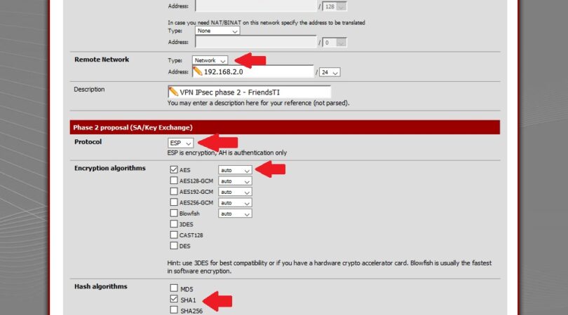 Configuração phase 2 VPN IPsec